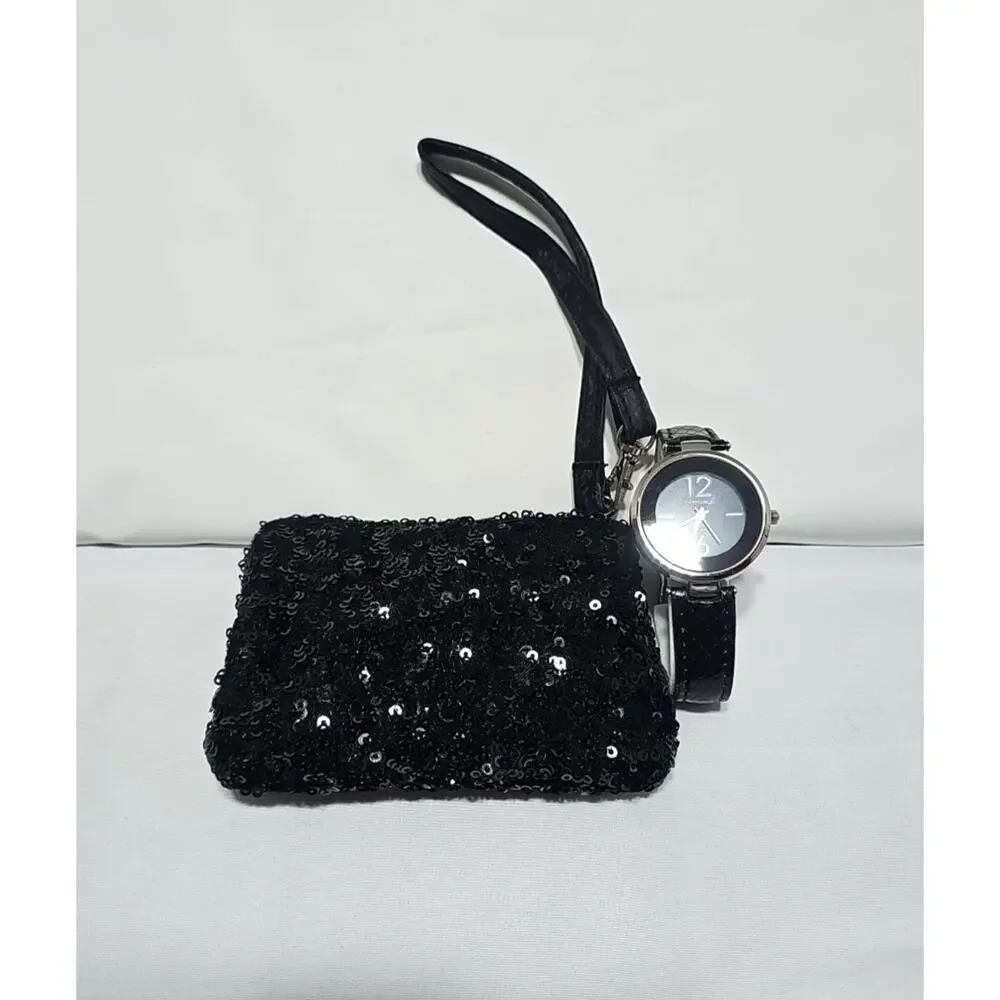 Ensemble Womens Watch & Small Purse Set Quartz Watch Black Leather Sequin Purse